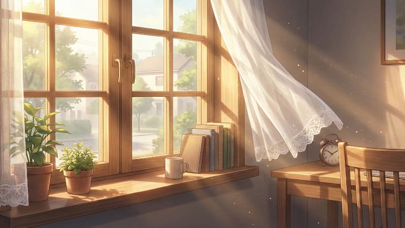 朝の光が入る、静かな部屋の窓辺