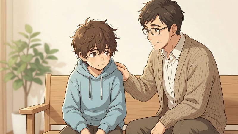 心配そうな男の子が静かに座り、思いやりのある眼鏡を掛けた大人の男性が隣に座っている